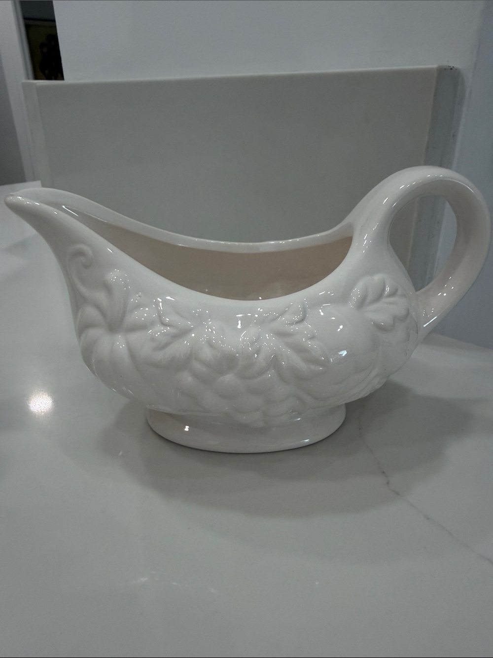 White Embossed Ceramic Gravy Boat - Unbranded